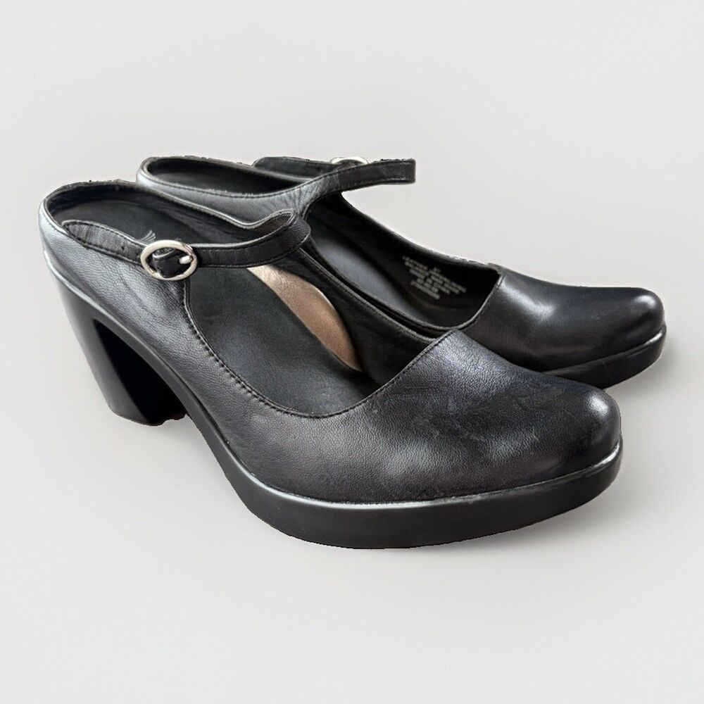 Dansko Black Leather Mary Jane Mules Clogs Chunky Heel Strap Shoes Women Size 37